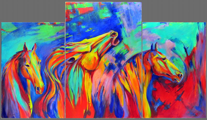 abstract-expressionist-bold-colors-mustangs-triptych-chiriac