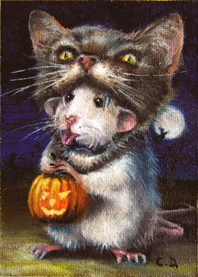 art-paintings-artcards-whimsical-rat-mouse-Halloween-cat-mask