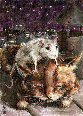 art-paintings-artcards-whimsical-rat-mouse-cat-night
