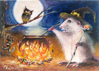 art-paintings-artcards-whimsical-rat-mouse-Halloween-owl