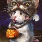 art-paintings-artcards-whimsical-rat-mouse-Halloween-cat-mask