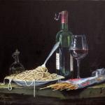 Commissioned oil painting Wine and spaghetti still life